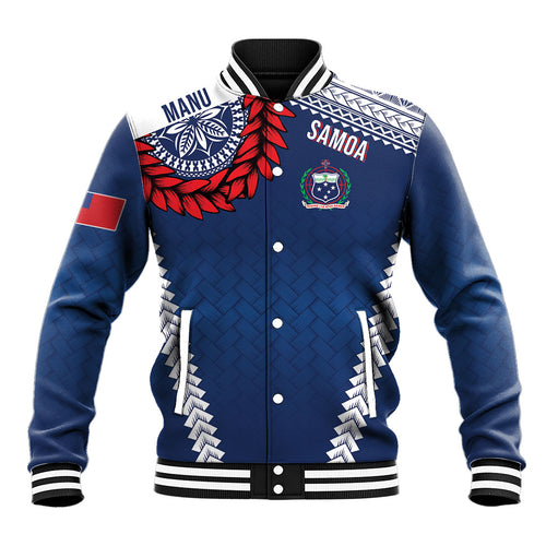 Manu Samoa Rugby Custom Navy Blue Baseball Jacket ʻIe Toga Pattern With Red Ula fala