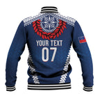 Manu Samoa Rugby Custom Navy Blue Baseball Jacket ʻIe Toga Pattern With Red Ula fala