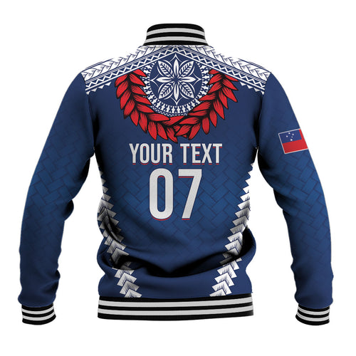 Manu Samoa Rugby Custom Navy Blue Baseball Jacket ʻIe Toga Pattern With Red Ula fala