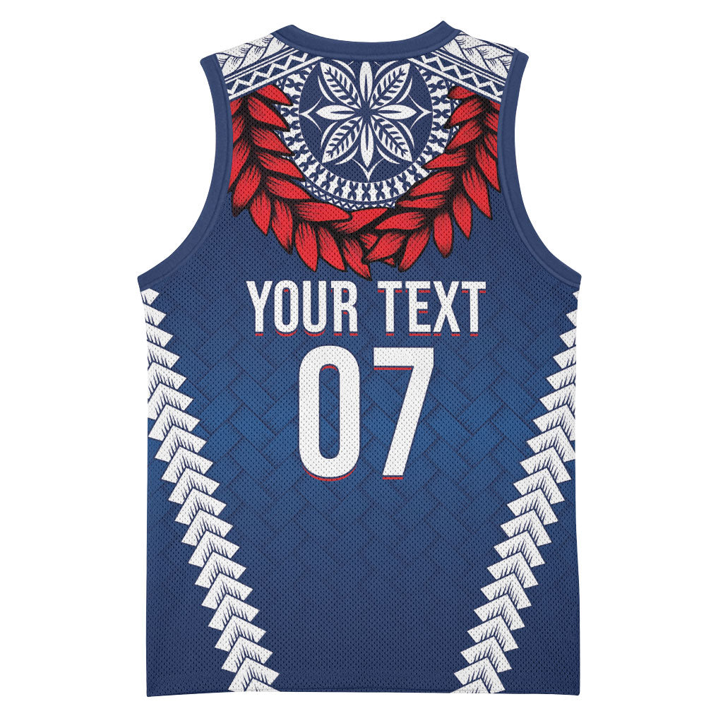 Manu Samoa Rugby Custom Navy Blue Basketball Jersey ʻIe Toga Pattern With Red Ula fala