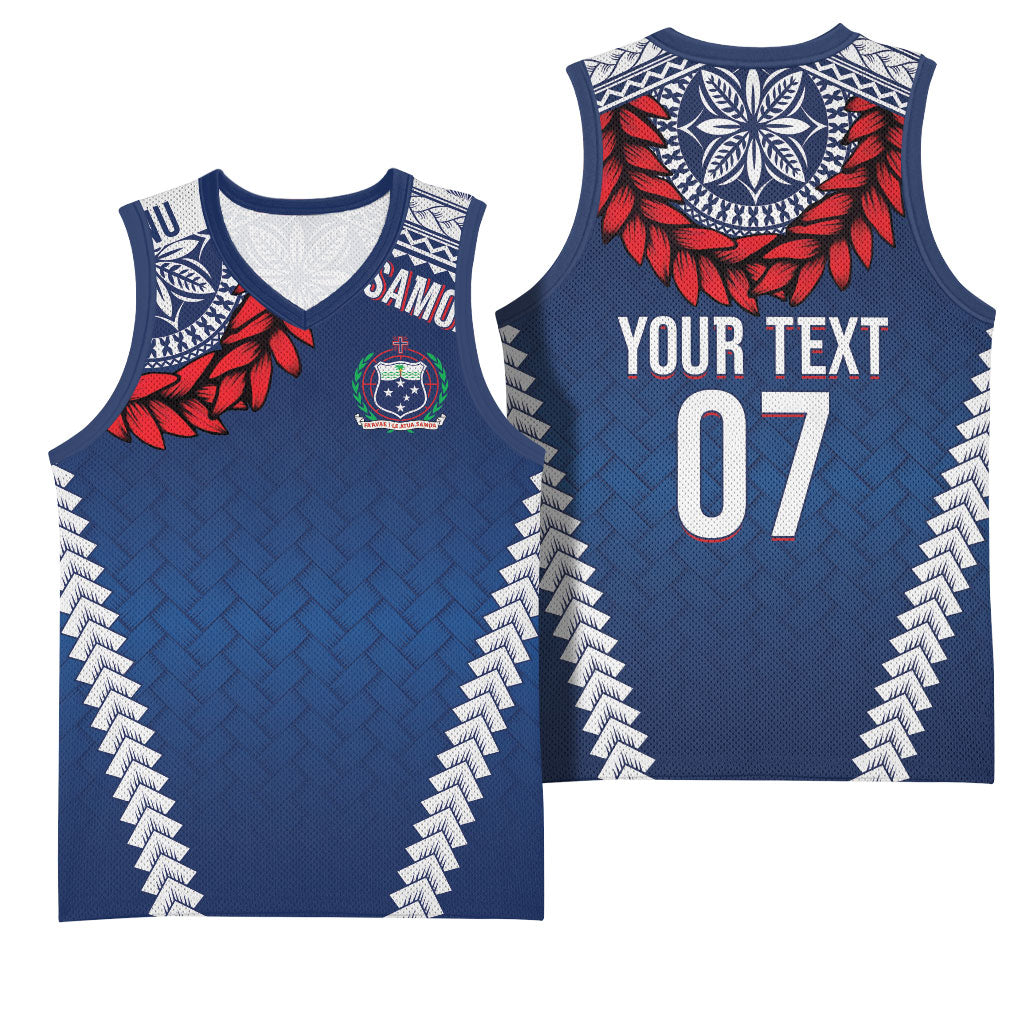 Manu Samoa Rugby Custom Navy Blue Basketball Jersey ʻIe Toga Pattern With Red Ula fala