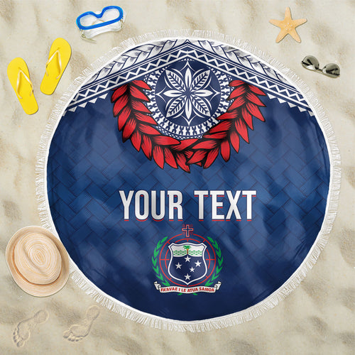 Manu Samoa Rugby Custom Navy Blue Beach Blanket ʻIe Toga Pattern With Red Ula fala