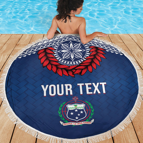 Manu Samoa Rugby Custom Navy Blue Beach Blanket ʻIe Toga Pattern With Red Ula fala