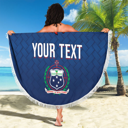 Manu Samoa Rugby Custom Navy Blue Beach Blanket ʻIe Toga Pattern With Red Ula fala