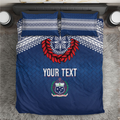 Manu Samoa Rugby Custom Navy Blue Bedding Set ʻIe Toga Pattern With Red Ula fala