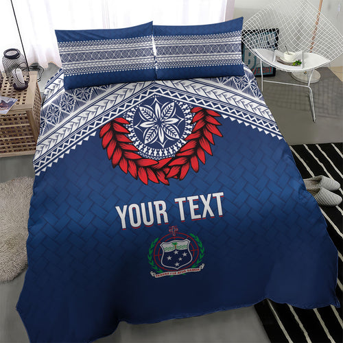 Manu Samoa Rugby Custom Navy Blue Bedding Set ʻIe Toga Pattern With Red Ula fala