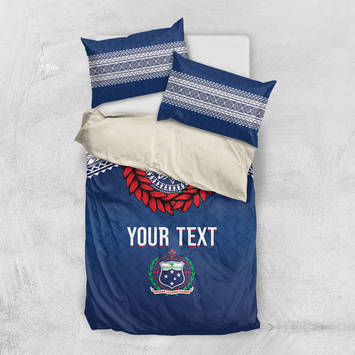 Manu Samoa Rugby Custom Navy Blue Bedding Set ʻIe Toga Pattern With Red Ula fala