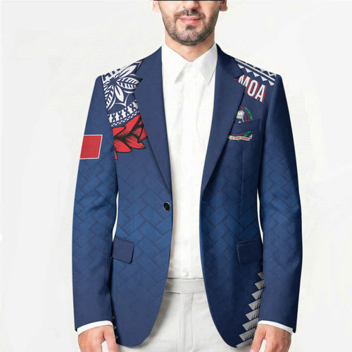 Manu Samoa Rugby Custom Navy Blue Blazer ʻIe Toga Pattern With Red Ula fala