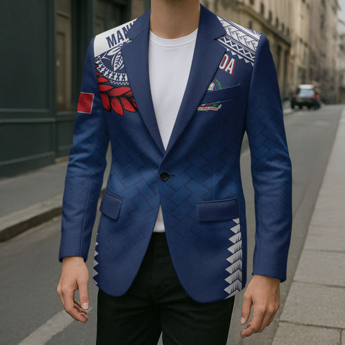 Manu Samoa Rugby Custom Navy Blue Blazer ʻIe Toga Pattern With Red Ula fala