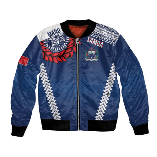 Manu Samoa Rugby Custom Navy Blue Bomber Jacket ʻIe Toga Pattern With Red Ula fala