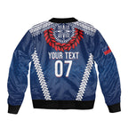 Manu Samoa Rugby Custom Navy Blue Bomber Jacket ʻIe Toga Pattern With Red Ula fala