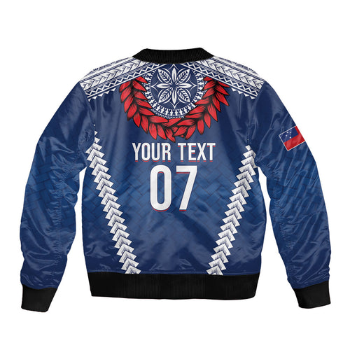 Manu Samoa Rugby Custom Navy Blue Bomber Jacket ʻIe Toga Pattern With Red Ula fala