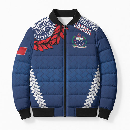 Manu Samoa Rugby Custom Navy Blue Bomber Puffer Jacket ʻIe Toga Pattern With Red Ula fala