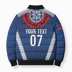 Manu Samoa Rugby Custom Navy Blue Bomber Puffer Jacket ʻIe Toga Pattern With Red Ula fala
