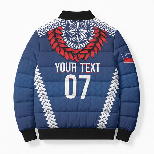 Manu Samoa Rugby Custom Navy Blue Bomber Puffer Jacket ʻIe Toga Pattern With Red Ula fala