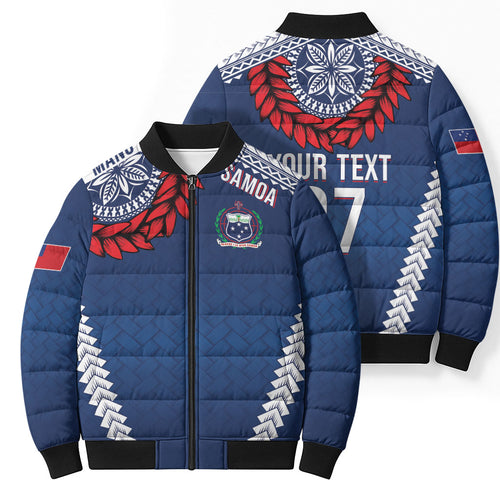 Manu Samoa Rugby Custom Navy Blue Bomber Puffer Jacket ʻIe Toga Pattern With Red Ula fala