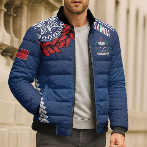Manu Samoa Rugby Custom Navy Blue Bomber Puffer Jacket ʻIe Toga Pattern With Red Ula fala