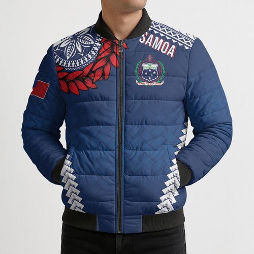 Manu Samoa Rugby Custom Navy Blue Bomber Puffer Jacket ʻIe Toga Pattern With Red Ula fala