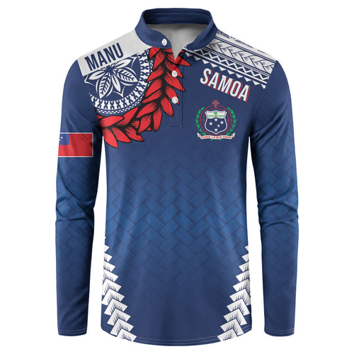 Manu Samoa Rugby Custom Navy Blue Button Sweatshirt ʻIe Toga Pattern With Red Ula fala