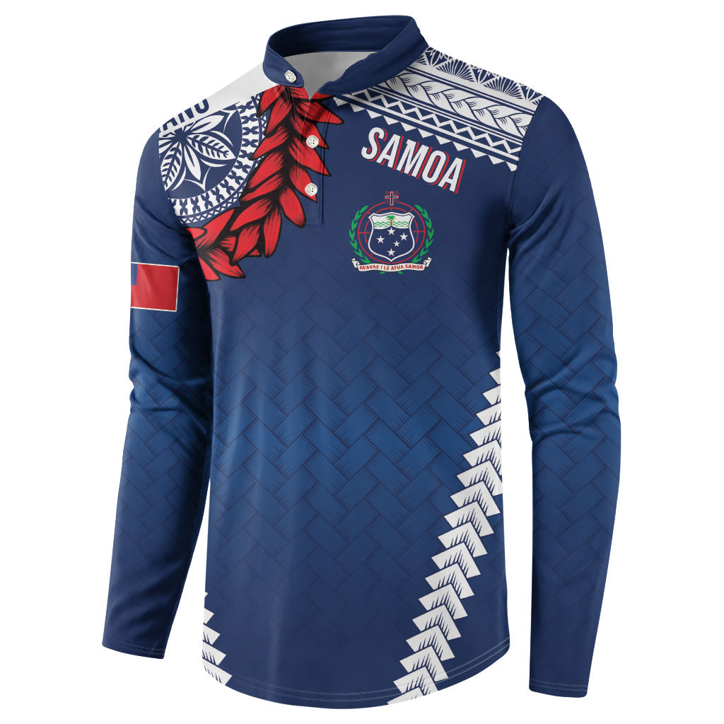 Manu Samoa Rugby Custom Navy Blue Button Sweatshirt ʻIe Toga Pattern With Red Ula fala