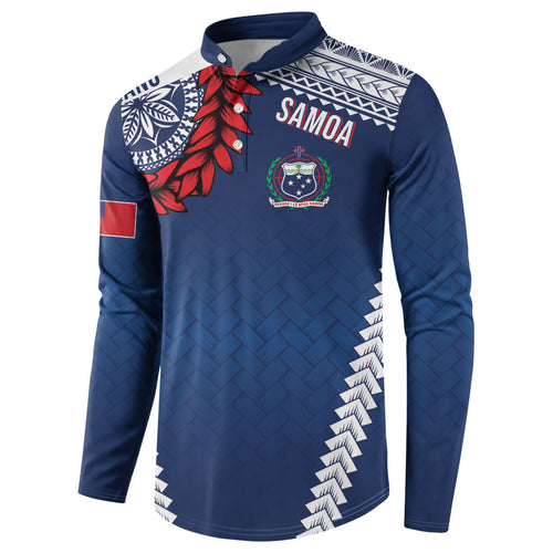 Manu Samoa Rugby Custom Navy Blue Button Sweatshirt ʻIe Toga Pattern With Red Ula fala