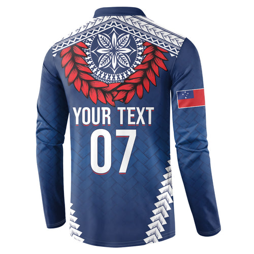 Manu Samoa Rugby Custom Navy Blue Button Sweatshirt ʻIe Toga Pattern With Red Ula fala