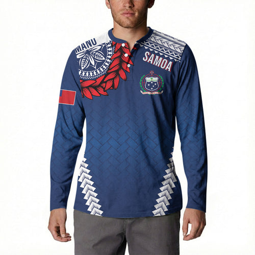 Manu Samoa Rugby Custom Navy Blue Button Sweatshirt ʻIe Toga Pattern With Red Ula fala