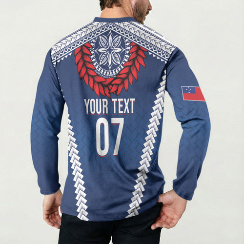 Manu Samoa Rugby Custom Navy Blue Button Sweatshirt ʻIe Toga Pattern With Red Ula fala