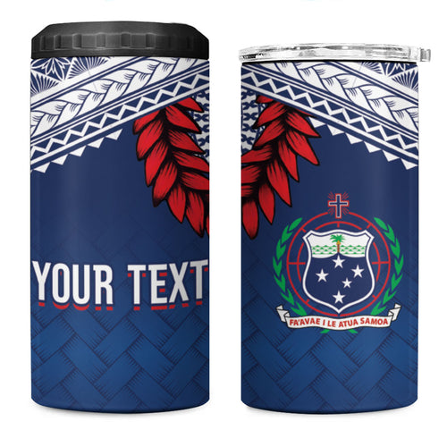 Manu Samoa Rugby Custom Navy Blue 4 in 1 Can Cooler Tumbler ʻIe Toga Pattern With Red Ula fala