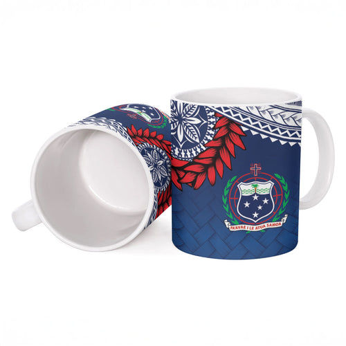 Manu Samoa Rugby Custom Navy Blue Ceramic Mug ʻIe Toga Pattern With Red Ula fala
