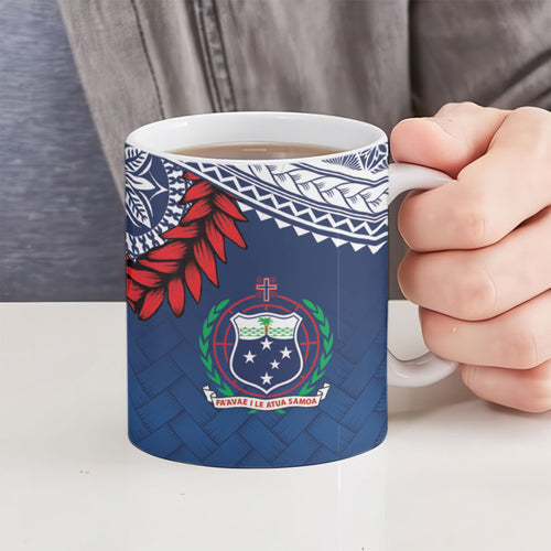 Manu Samoa Rugby Custom Navy Blue Ceramic Mug ʻIe Toga Pattern With Red Ula fala