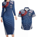 Manu Samoa Rugby Custom Navy Blue Couples Matching Long Sleeve Bodycon Dress and Hawaiian Shirt ʻIe Toga Pattern With Red Ula fala