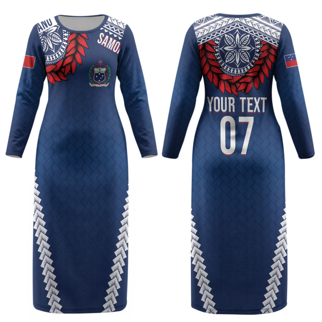 Manu Samoa Rugby Custom Navy Blue Couples Matching Long Sleeve Bodycon Dress and Hawaiian Shirt ʻIe Toga Pattern With Red Ula fala