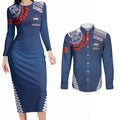 Manu Samoa Rugby Custom Navy Blue Couples Matching Long Sleeve Bodycon Dress and Long Sleeve Button Shirt ʻIe Toga Pattern With Red Ula fala