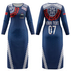 Manu Samoa Rugby Custom Navy Blue Couples Matching Long Sleeve Bodycon Dress and Long Sleeve Button Shirt ʻIe Toga Pattern With Red Ula fala