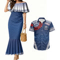 Manu Samoa Rugby Custom Navy Blue Couples Matching Mermaid Dress and Hawaiian Shirt ʻIe Toga Pattern With Red Ula fala