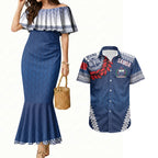 Manu Samoa Rugby Custom Navy Blue Couples Matching Mermaid Dress and Hawaiian Shirt ʻIe Toga Pattern With Red Ula fala