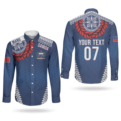 Manu Samoa Rugby Custom Navy Blue Couples Matching Mermaid Dress and Long Sleeve Button Shirt ʻIe Toga Pattern With Red Ula fala