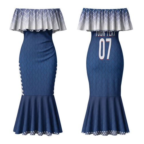 Manu Samoa Rugby Custom Navy Blue Couples Matching Mermaid Dress and Long Sleeve Button Shirt ʻIe Toga Pattern With Red Ula fala