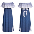 Manu Samoa Rugby Custom Navy Blue Couples Matching Off Shoulder Maxi Dress and Hawaiian Shirt ʻIe Toga Pattern With Red Ula fala