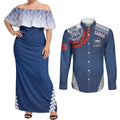 Manu Samoa Rugby Custom Navy Blue Couples Matching Off Shoulder Maxi Dress and Long Sleeve Button Shirt ʻIe Toga Pattern With Red Ula fala
