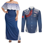Manu Samoa Rugby Custom Navy Blue Couples Matching Off Shoulder Maxi Dress and Long Sleeve Button Shirt ʻIe Toga Pattern With Red Ula fala