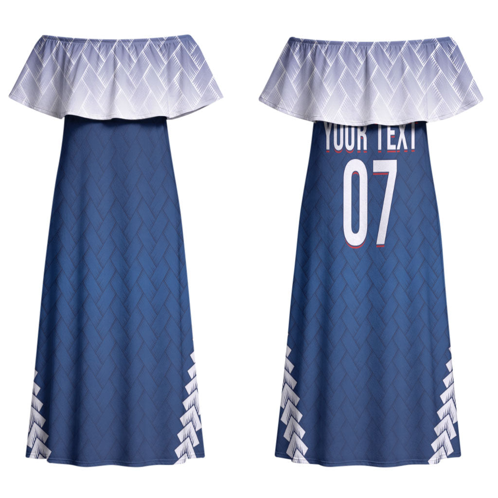 Manu Samoa Rugby Custom Navy Blue Couples Matching Off Shoulder Maxi Dress and Long Sleeve Button Shirt ʻIe Toga Pattern With Red Ula fala