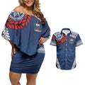 Manu Samoa Rugby Custom Navy Blue Couples Matching Off Shoulder Short Dress and Hawaiian Shirt ʻIe Toga Pattern With Red Ula fala