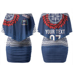 Manu Samoa Rugby Custom Navy Blue Couples Matching Off Shoulder Short Dress and Hawaiian Shirt ʻIe Toga Pattern With Red Ula fala