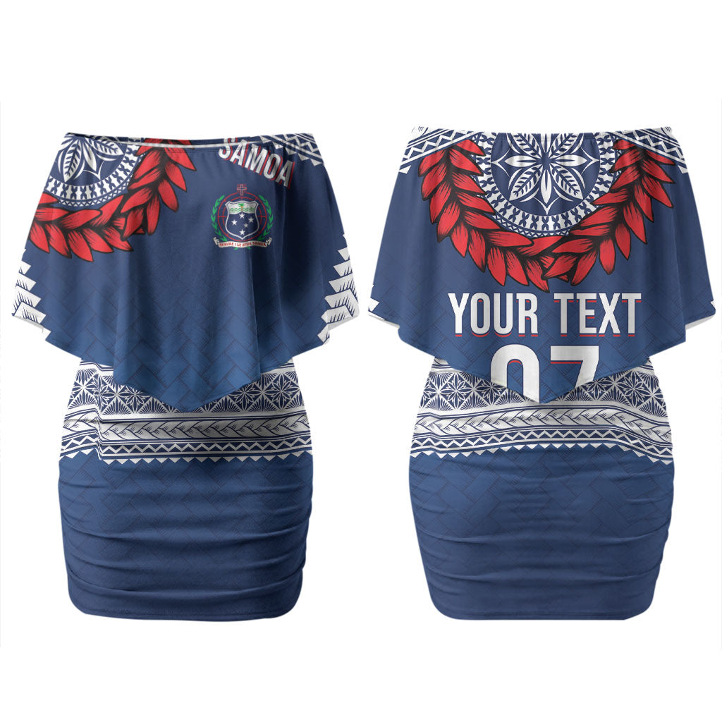 Manu Samoa Rugby Custom Navy Blue Couples Matching Off Shoulder Short Dress and Long Sleeve Button Shirt ʻIe Toga Pattern With Red Ula fala