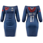 Manu Samoa Rugby Custom Navy Blue Couples Matching Off The Shoulder Long Sleeve Dress and Hawaiian Shirt ʻIe Toga Pattern With Red Ula fala