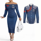 Manu Samoa Rugby Custom Navy Blue Couples Matching Off The Shoulder Long Sleeve Dress and Long Sleeve Button Shirt ʻIe Toga Pattern With Red Ula fala