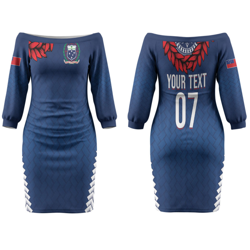 Manu Samoa Rugby Custom Navy Blue Couples Matching Off The Shoulder Long Sleeve Dress and Long Sleeve Button Shirt ʻIe Toga Pattern With Red Ula fala