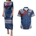 Manu Samoa Rugby Custom Navy Blue Couples Matching Puletasi and Hawaiian Shirt ʻIe Toga Pattern With Red Ula fala
